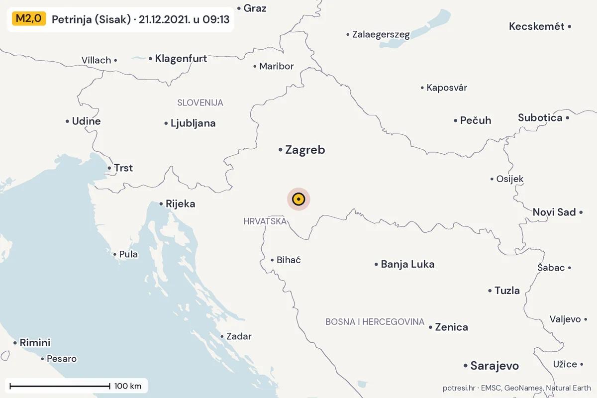 Karta: šire područje, 600 km, potres M2,0, Petrinja (Sisak), 21.12.2021.
