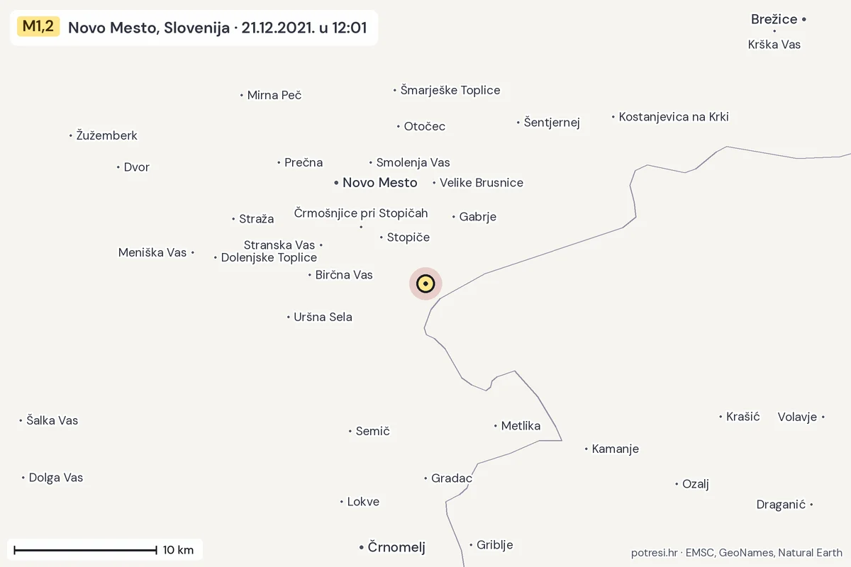 Karta: okolica epicentra, 60 km, potres M1,2, Novo Mesto, Slovenija, 21.12.2021.