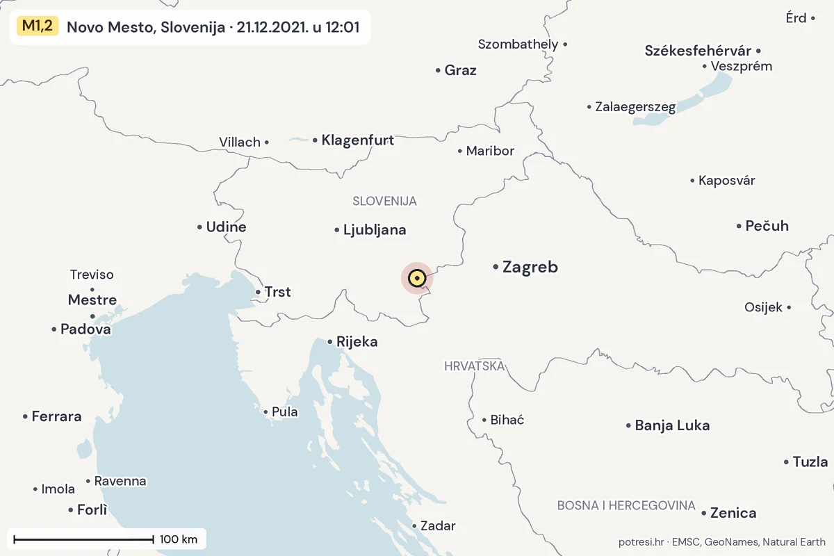 Karta: šire područje, 600 km, potres M1,2, Novo Mesto, Slovenija, 21.12.2021.