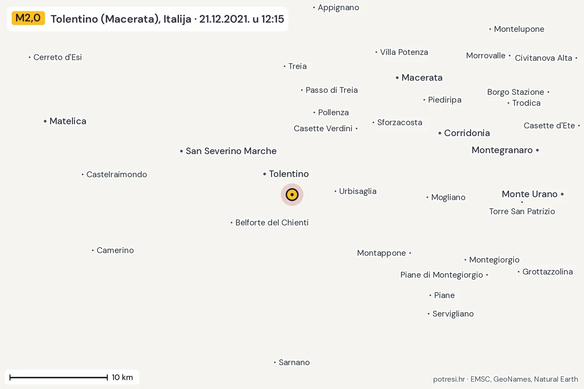 Karta: okolica epicentra, 60 km, potres M2,0, Tolentino (Macerata), Italija, 21.12.2021.