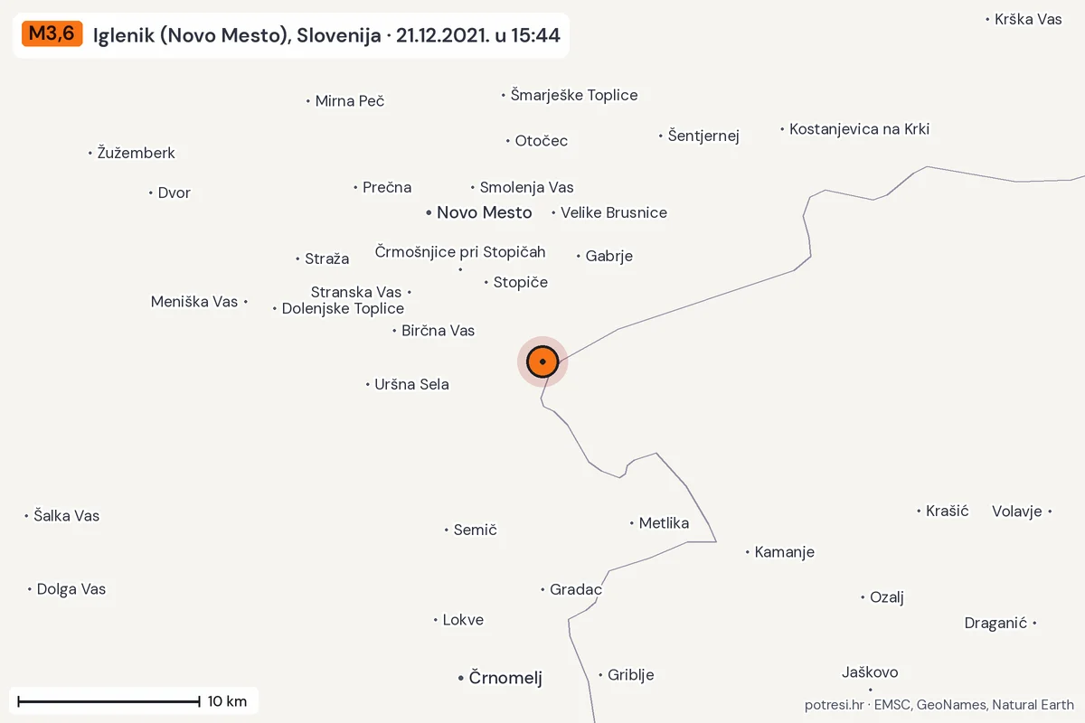 Karta: okolica epicentra, 60 km, potres M3,6, Iglenik (Novo Mesto), Slovenija, 21.12.2021.
