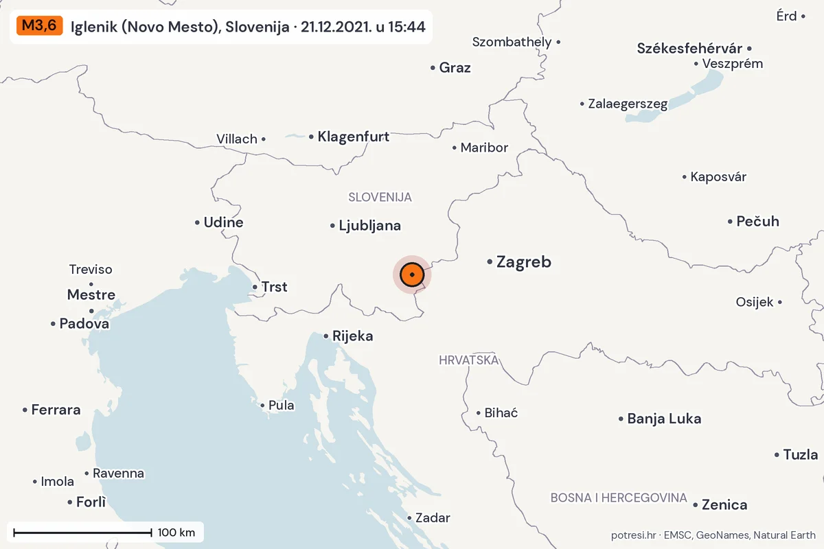 Karta: šire područje, 600 km, potres M3,6, Iglenik (Novo Mesto), Slovenija, 21.12.2021.