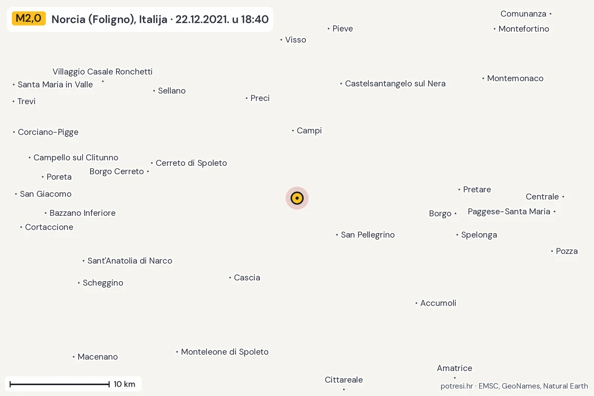Karta: okolica epicentra, 60 km, potres M2,0, Norcia (Foligno), Italija, 22.12.2021.