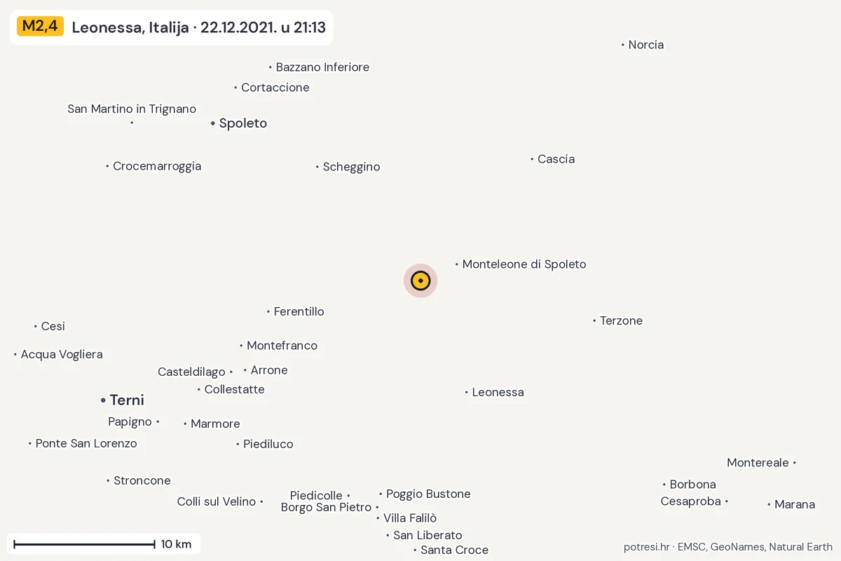 Karta: okolica epicentra, 60 km, potres M2,4, Leonessa, Italija, 22.12.2021.