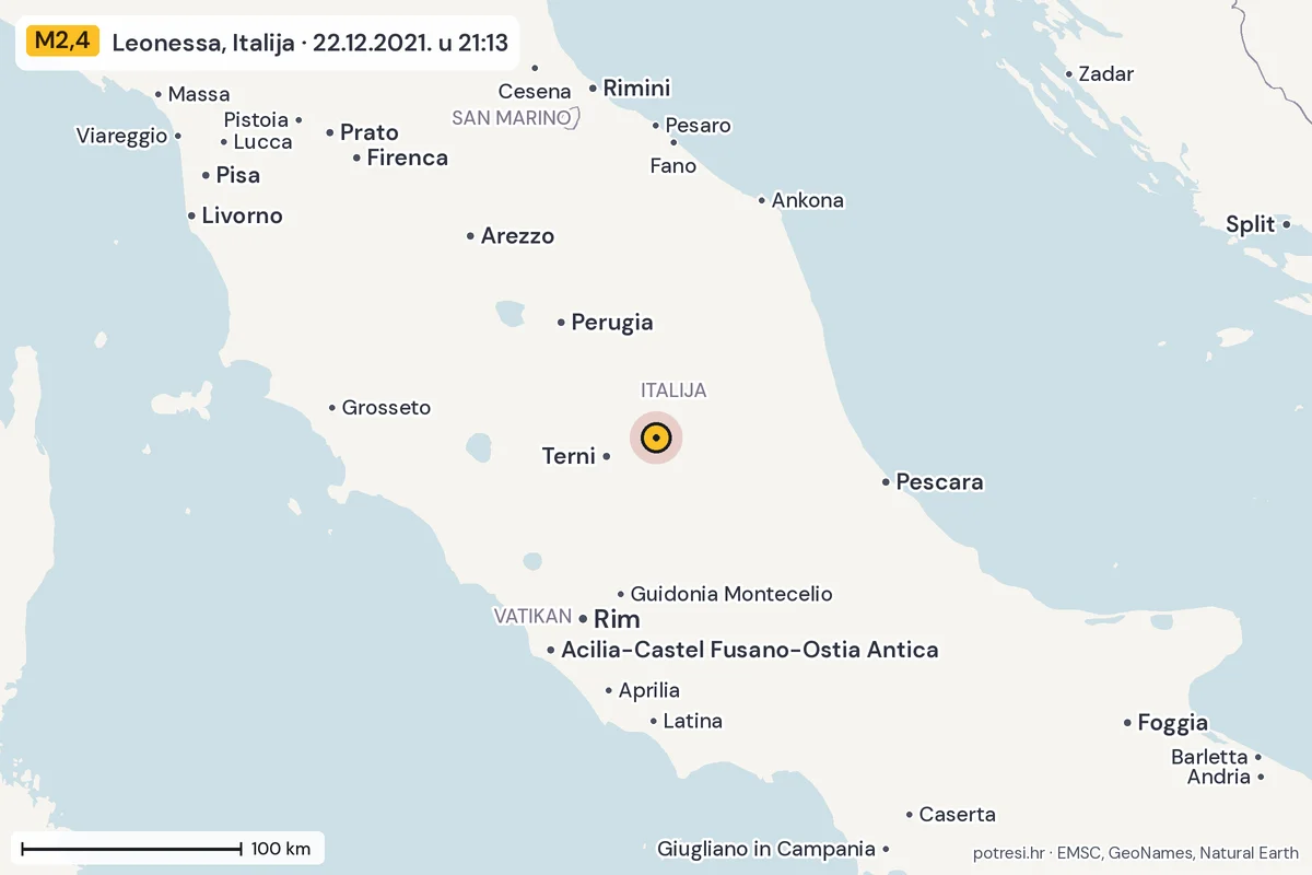 Karta: šire područje, 600 km, potres M2,4, Leonessa, Italija, 22.12.2021.