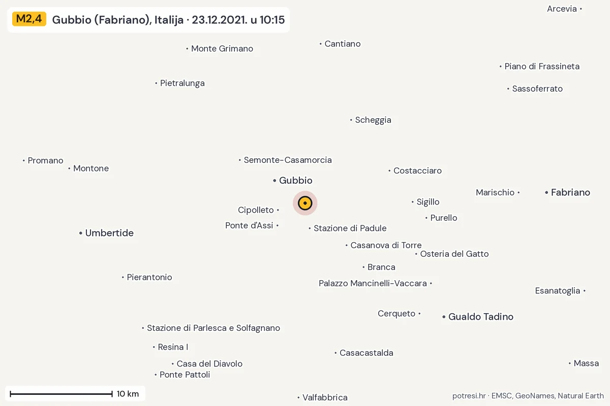 Karta: okolica epicentra, 60 km, potres M2,4, Gubbio (Fabriano), Italija, 23.12.2021.