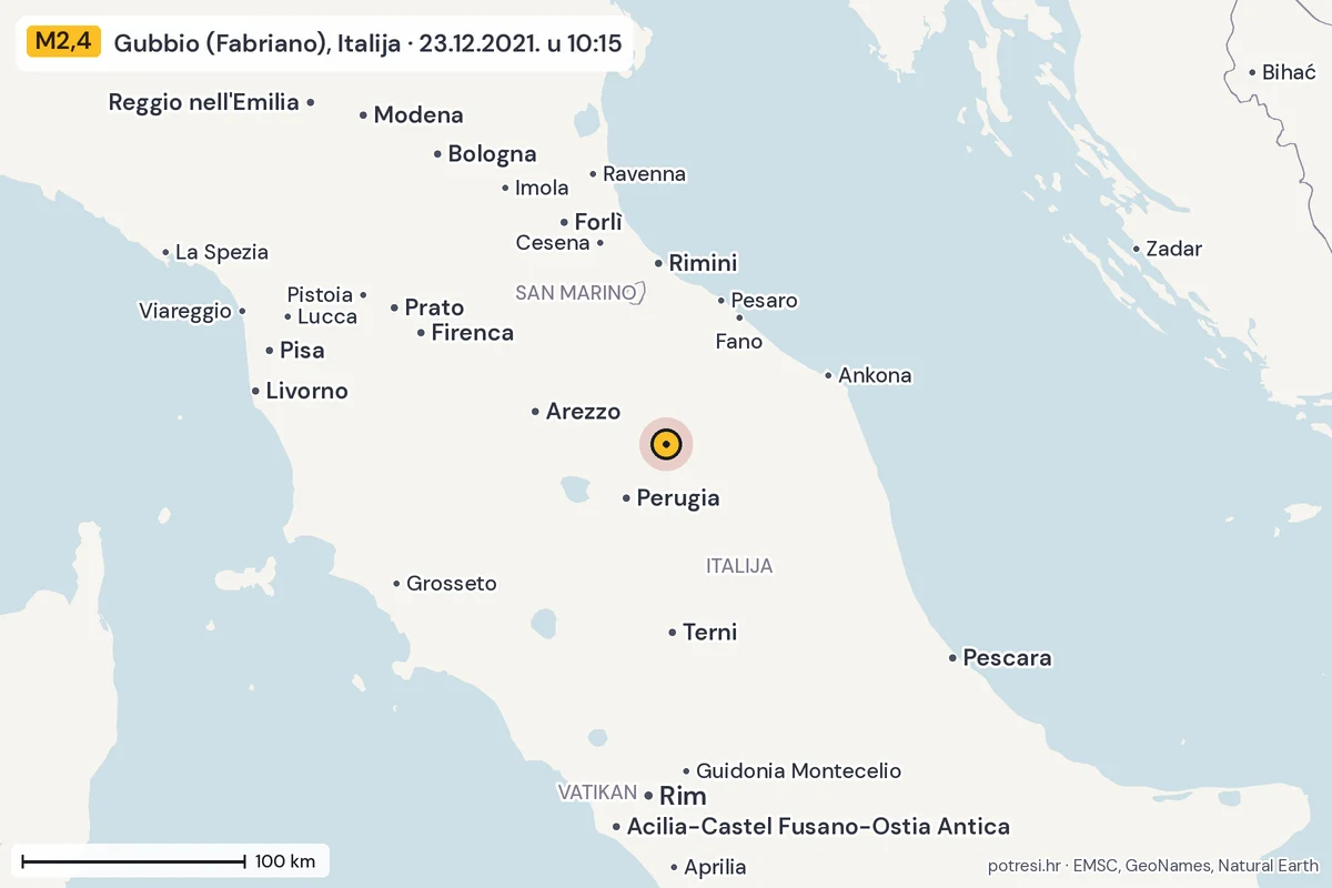 Karta: šire područje, 600 km, potres M2,4, Gubbio (Fabriano), Italija, 23.12.2021.