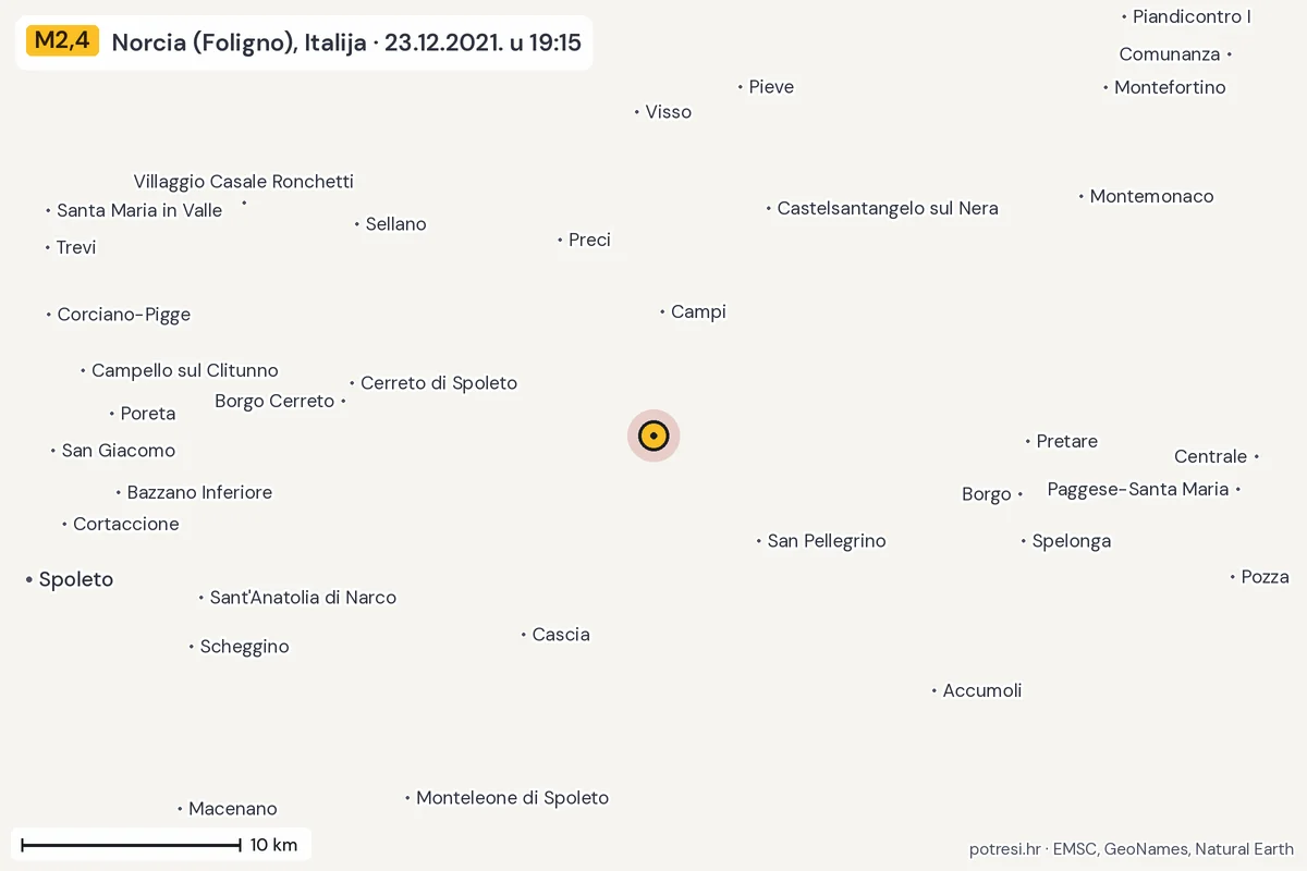 Karta: okolica epicentra, 60 km, potres M2,4, Norcia (Foligno), Italija, 23.12.2021.