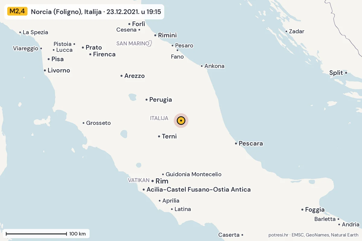 Karta: šire područje, 600 km, potres M2,4, Norcia (Foligno), Italija, 23.12.2021.