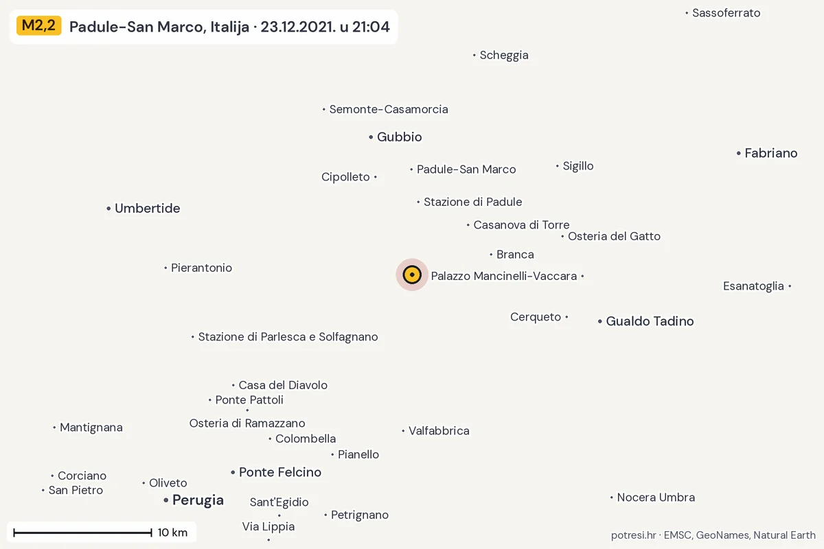 Karta: okolica epicentra, 60 km, potres M2,2, Padule-San Marco, Italija, 23.12.2021.