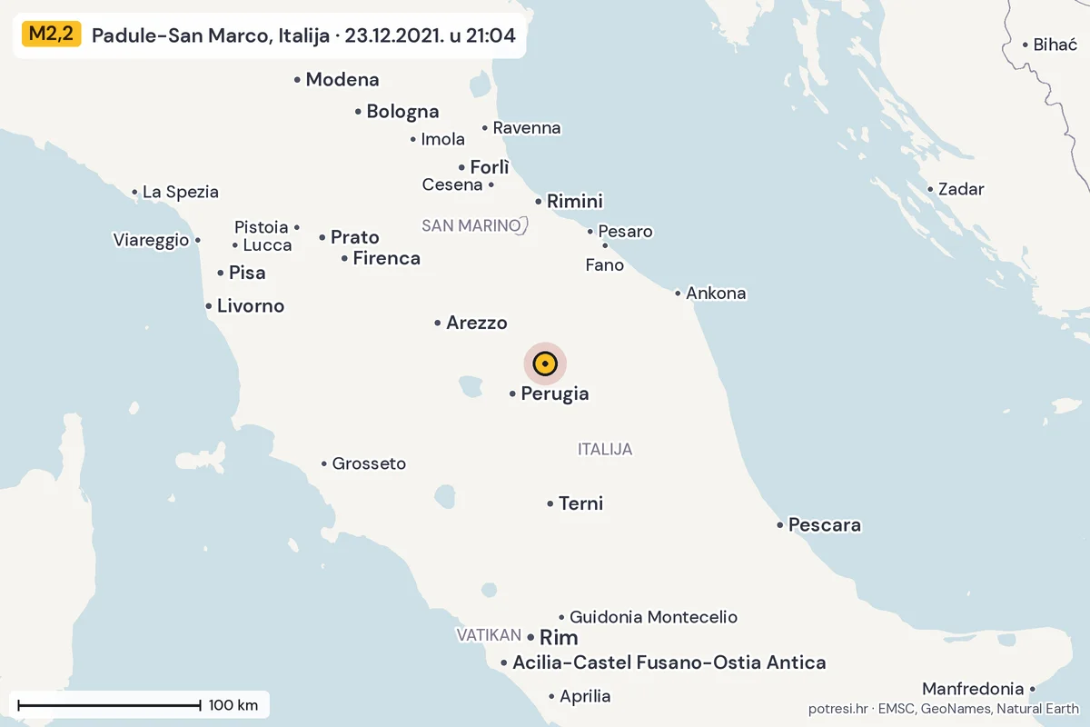 Karta: šire područje, 600 km, potres M2,2, Padule-San Marco, Italija, 23.12.2021.