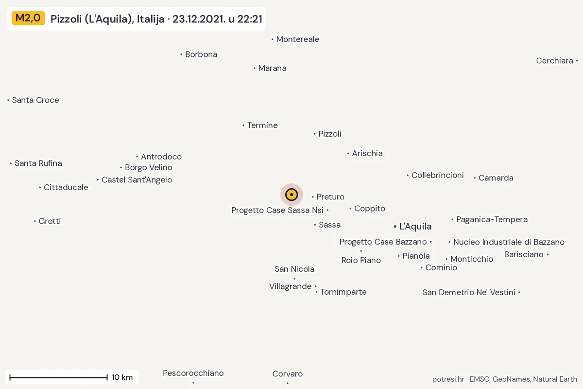 Karta: okolica epicentra, 60 km, potres M2,0, Pizzoli (L'Aquila), Italija, 23.12.2021.