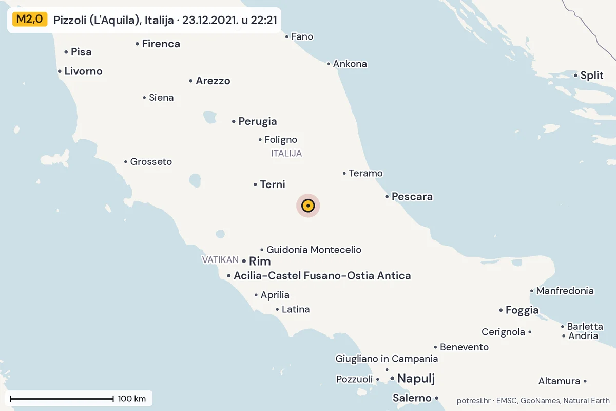 Karta: šire područje, 600 km, potres M2,0, Pizzoli (L'Aquila), Italija, 23.12.2021.