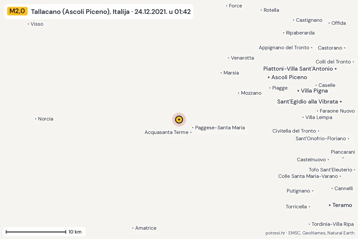 Karta: okolica epicentra, 60 km, potres M2,0, Tallacano (Ascoli Piceno), Italija, 24.12.2021.