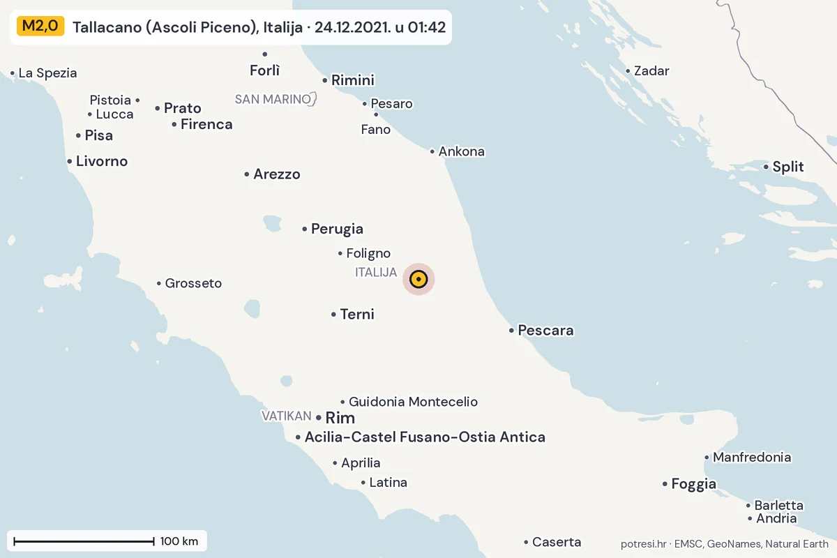 Karta: šire područje, 600 km, potres M2,0, Tallacano (Ascoli Piceno), Italija, 24.12.2021.
