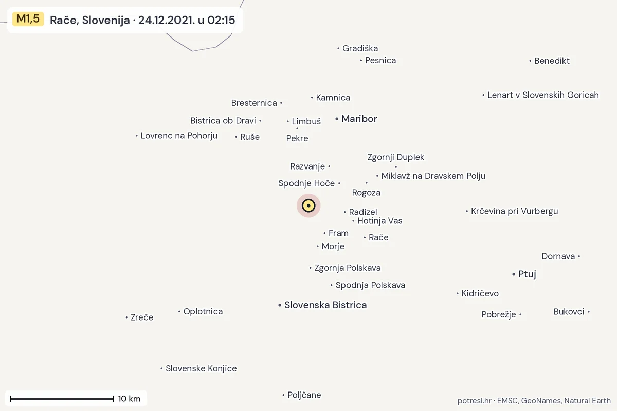 Karta: okolica epicentra, 60 km, potres M1,5, Rače, Slovenija, 24.12.2021.