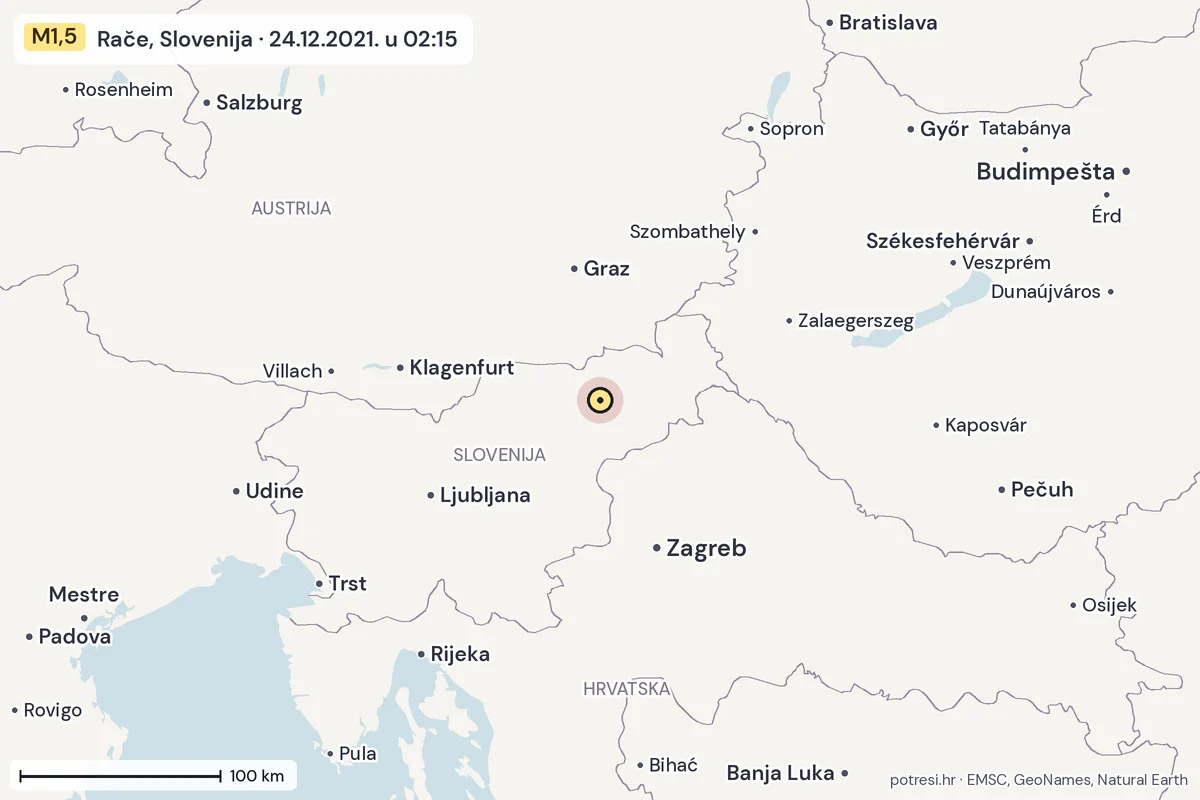 Karta: šire područje, 600 km, potres M1,5, Rače, Slovenija, 24.12.2021.