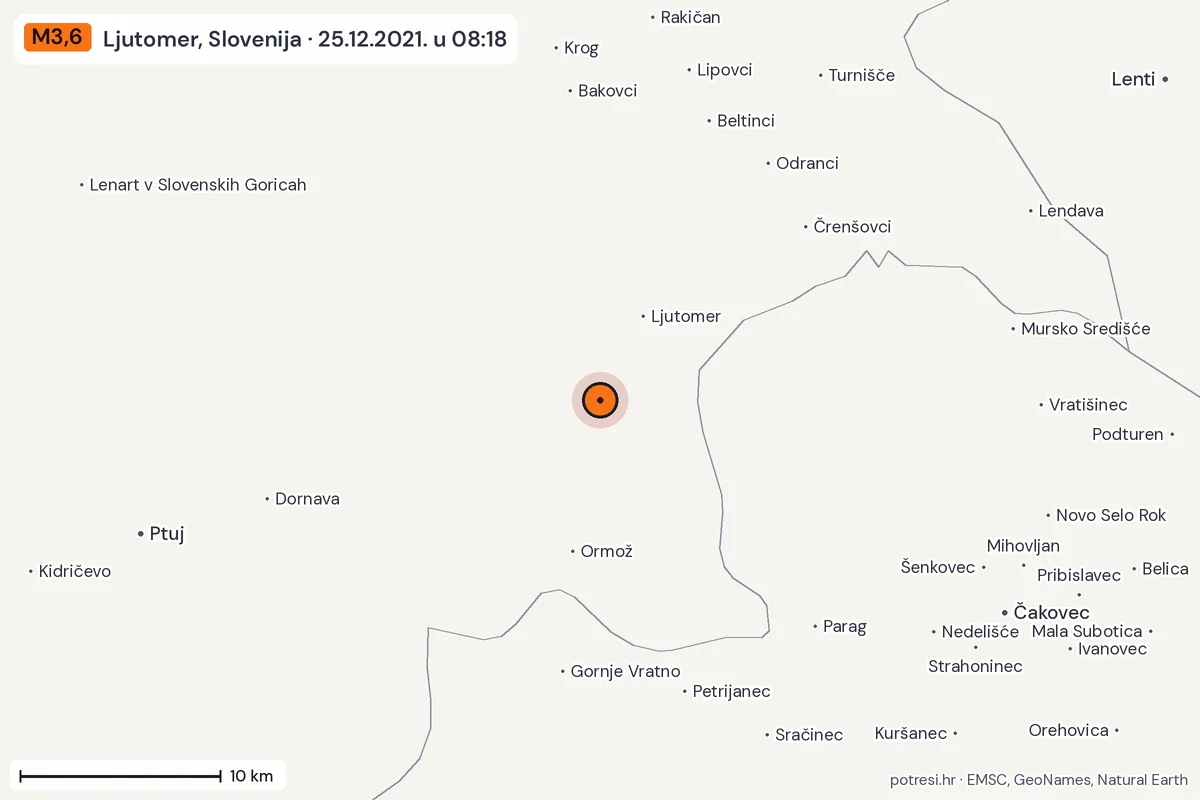 Karta: okolica epicentra, 60 km, potres M3,6, Ljutomer, Slovenija, 25.12.2021.