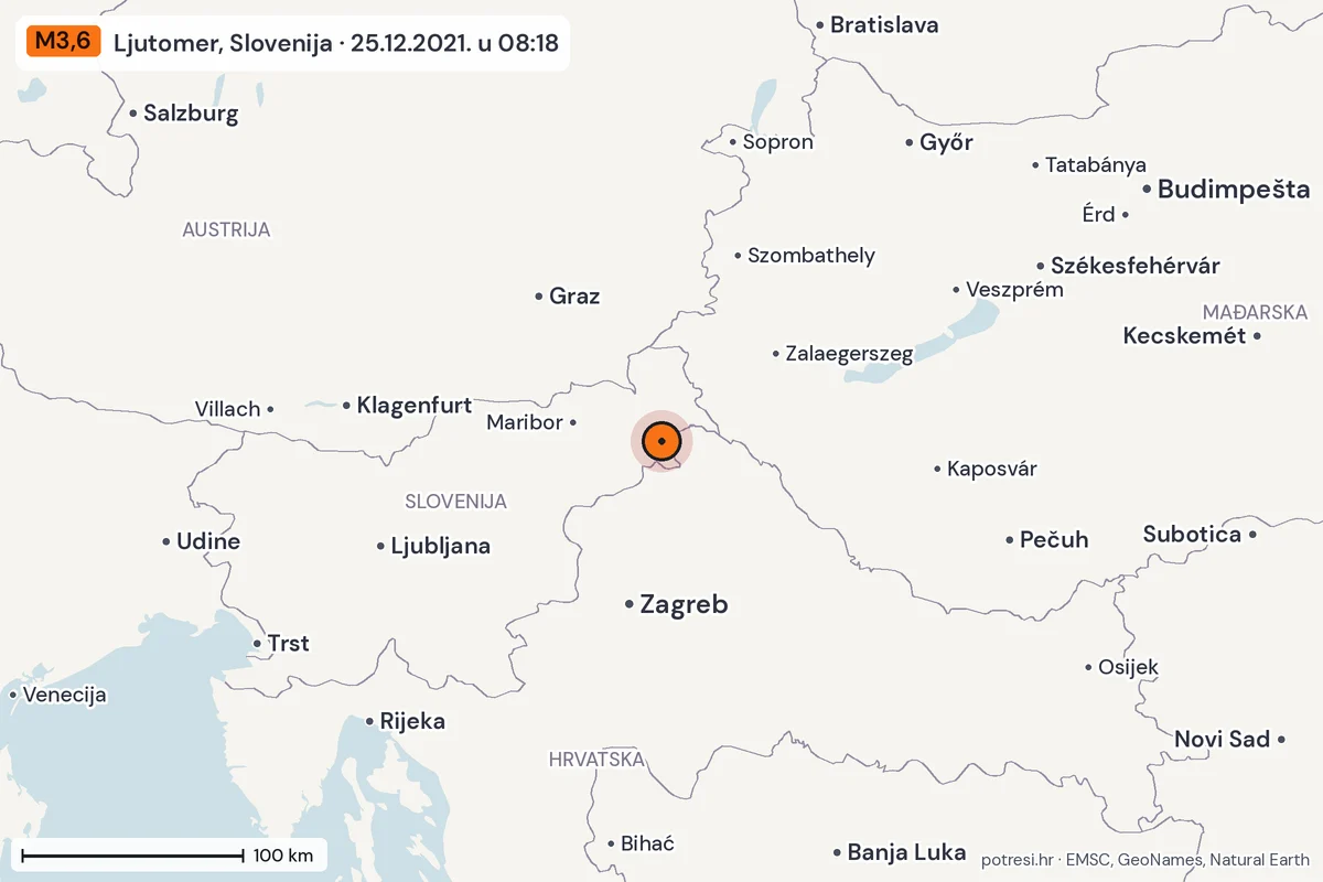Karta: šire područje, 600 km, potres M3,6, Ljutomer, Slovenija, 25.12.2021.