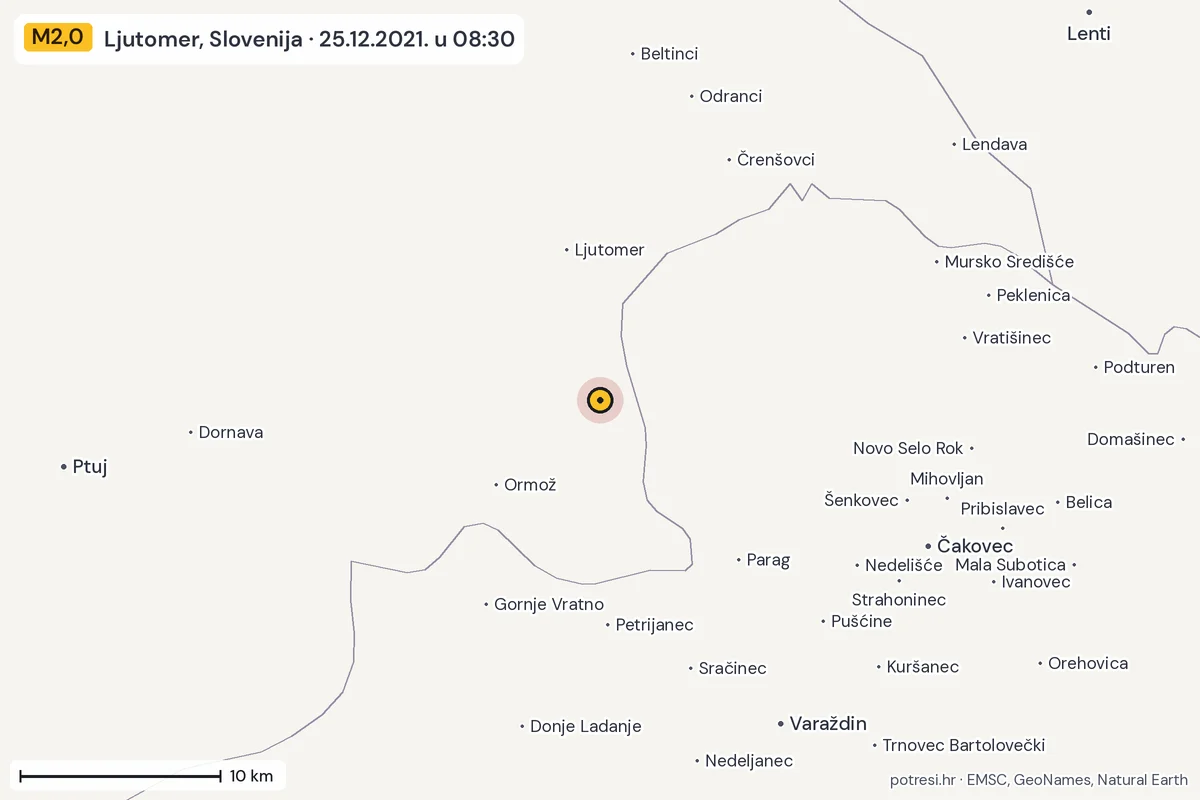 Karta: okolica epicentra, 60 km, potres M2,0, Ljutomer, Slovenija, 25.12.2021.