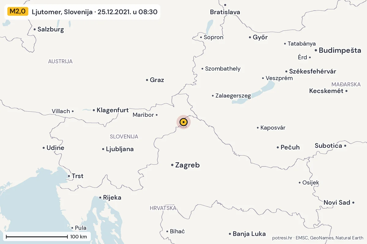 Karta: šire područje, 600 km, potres M2,0, Ljutomer, Slovenija, 25.12.2021.