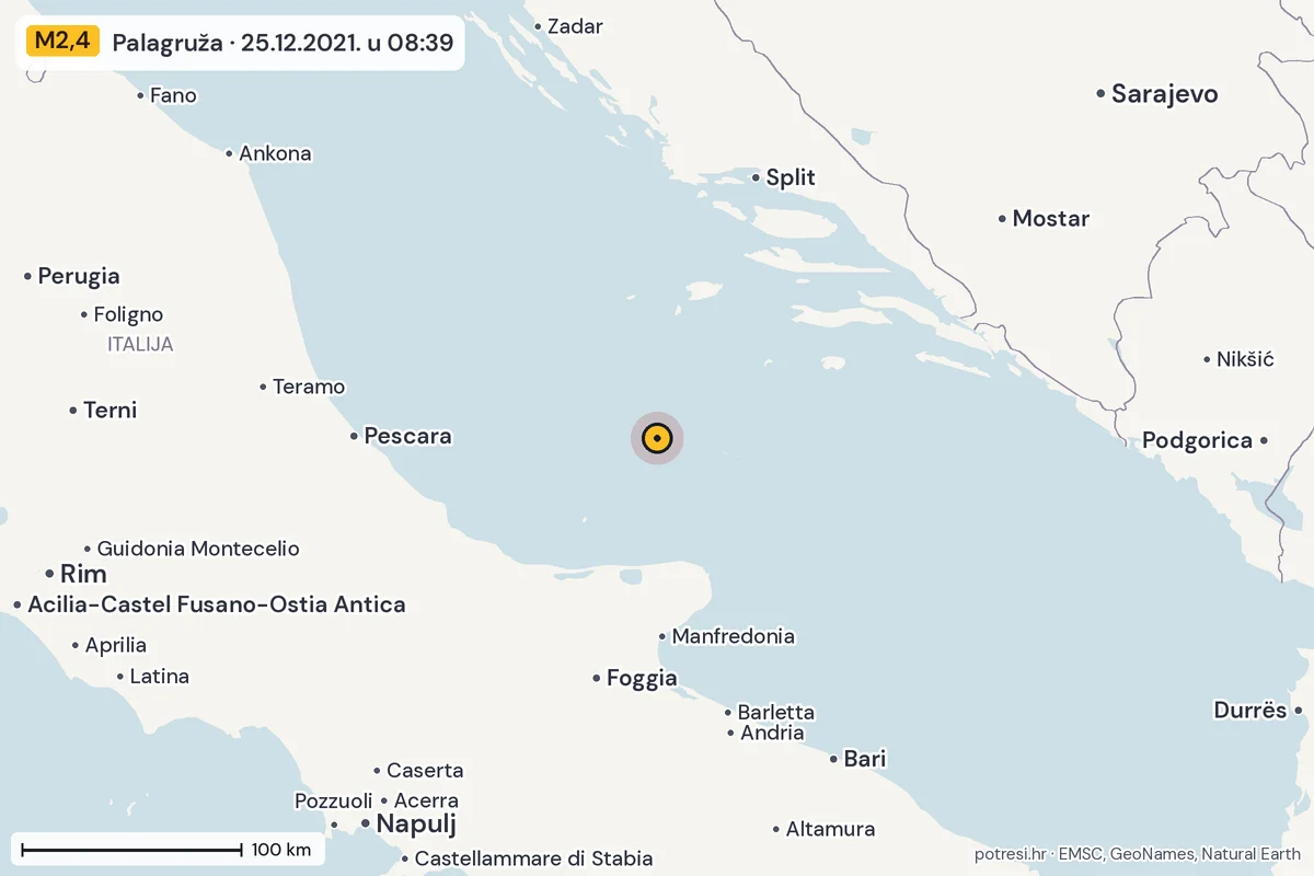 Karta: šire područje, 600 km, potres M2,4, Palagruža, 25.12.2021.