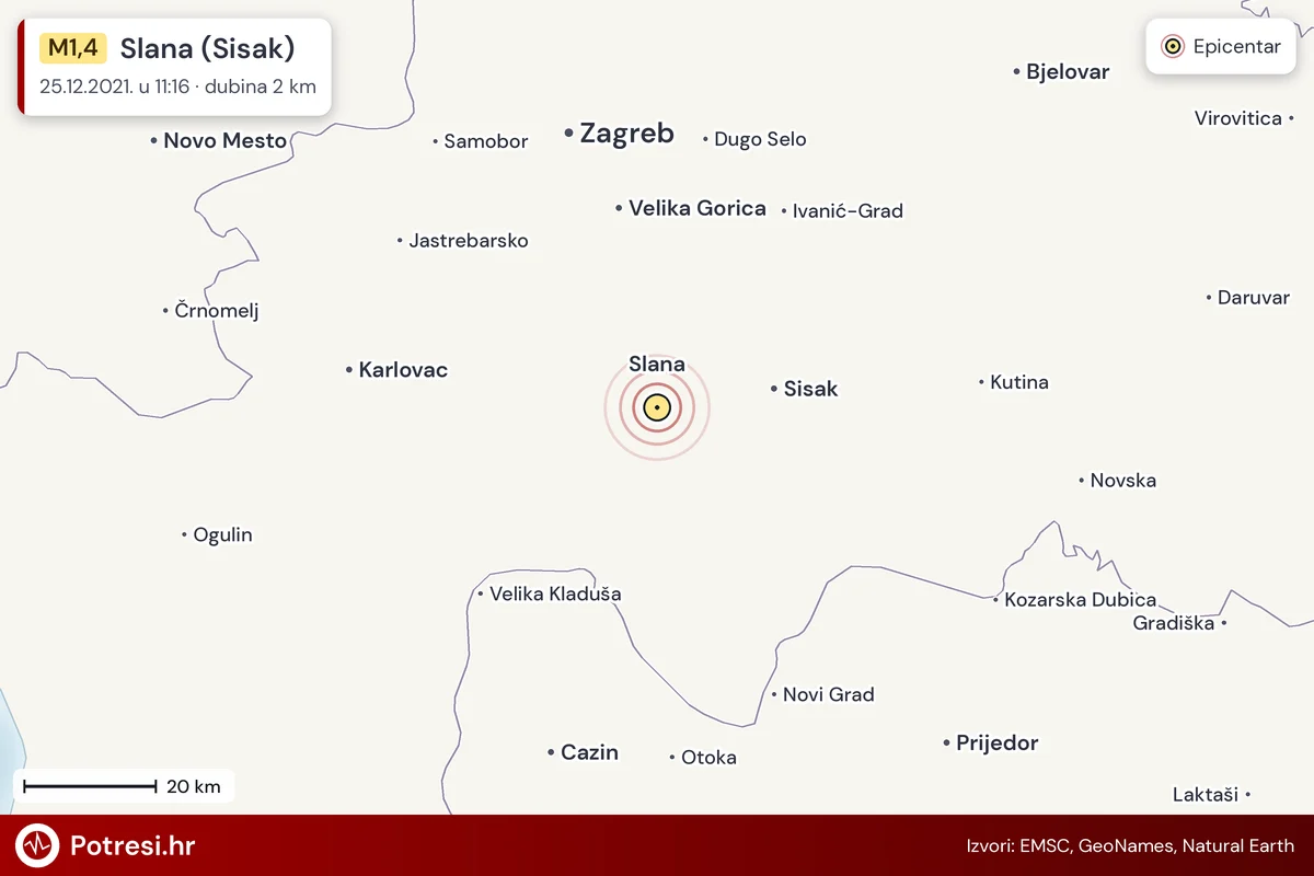 Karta: šire područje i vjerojatni doseg osjeta, potres M1,4, Slana (Sisak), 25.12.2021.
