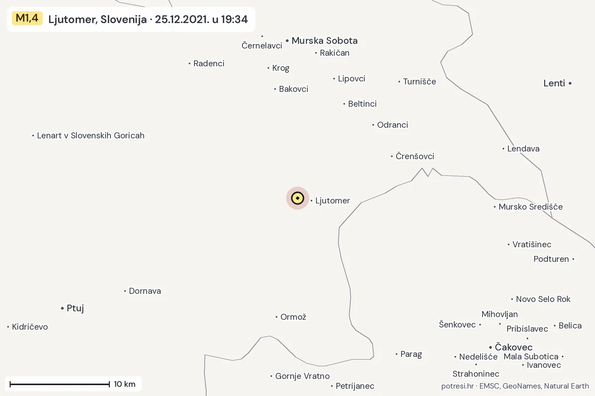 Karta: okolica epicentra, 60 km, potres M1,4, Ljutomer, Slovenija, 25.12.2021.
