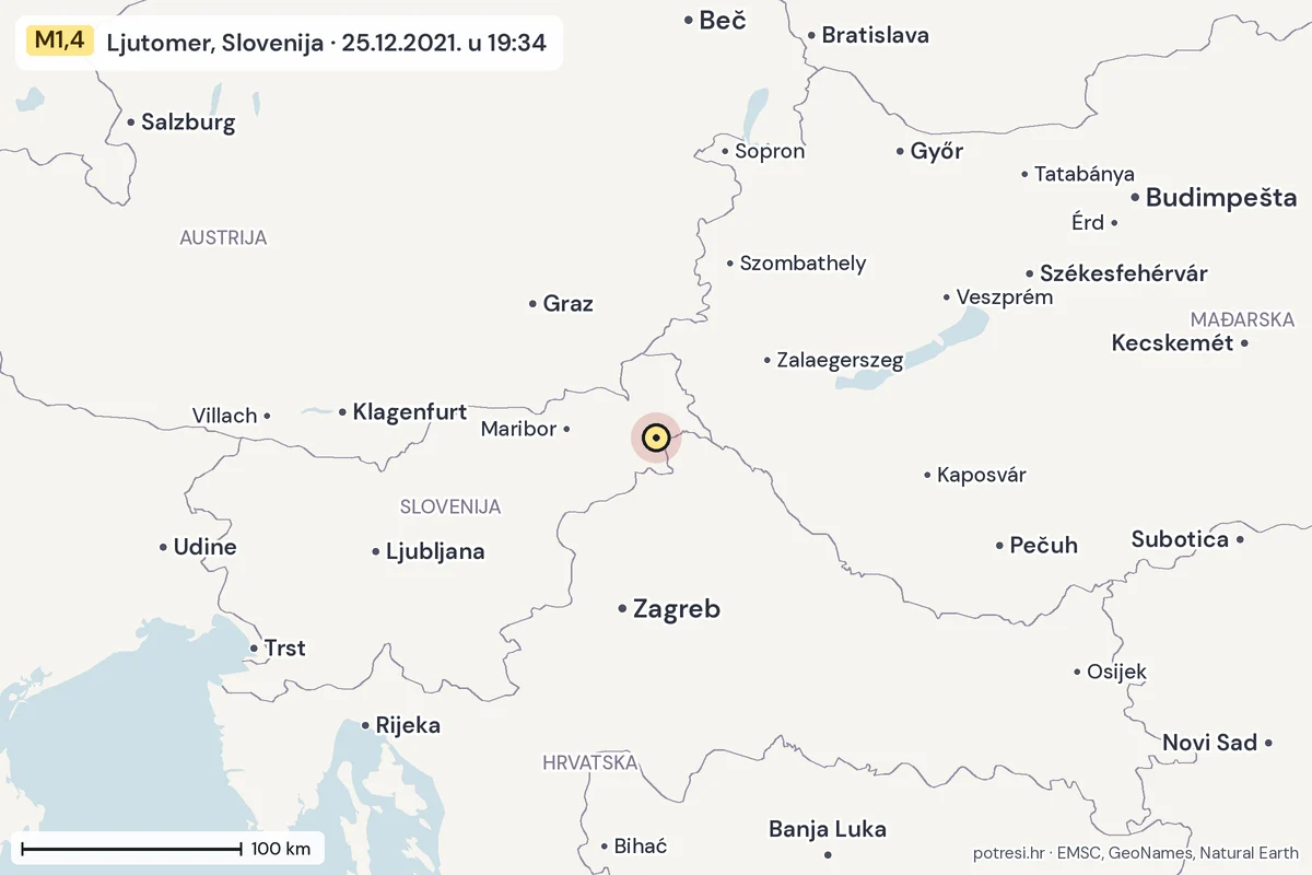 Karta: šire područje, 600 km, potres M1,4, Ljutomer, Slovenija, 25.12.2021.