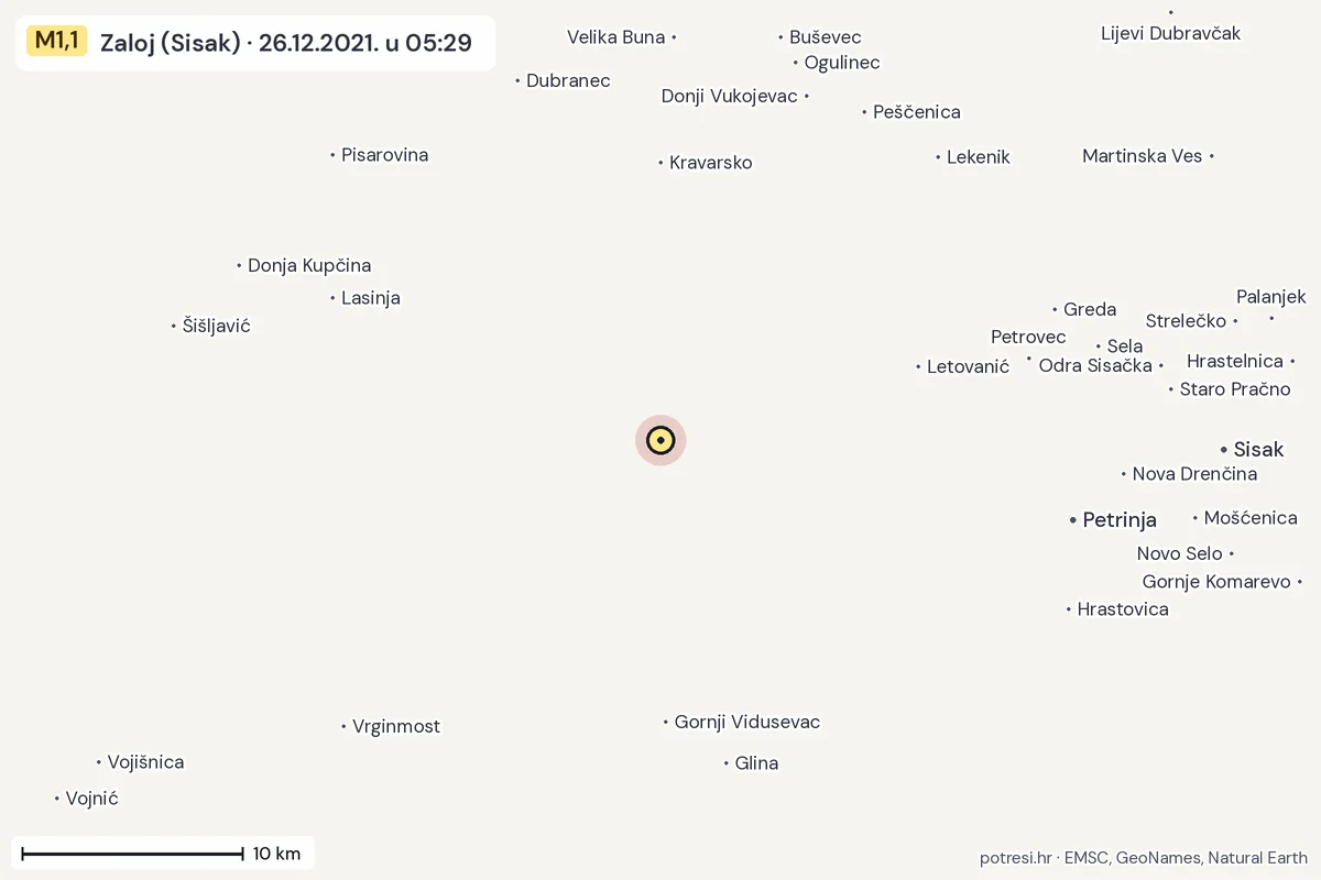 Karta: okolica epicentra, 60 km, potres M1,1, Zaloj (Sisak), 26.12.2021.