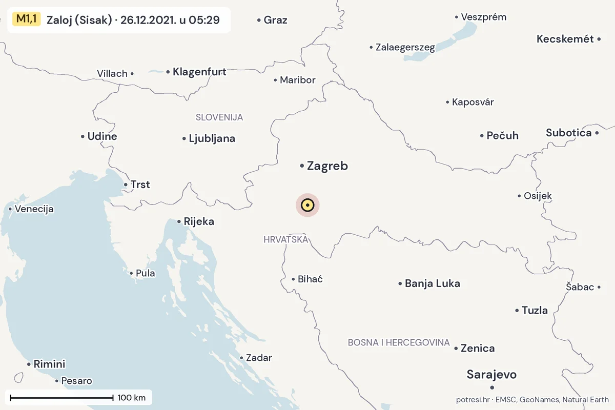 Karta: šire područje, 600 km, potres M1,1, Zaloj (Sisak), 26.12.2021.