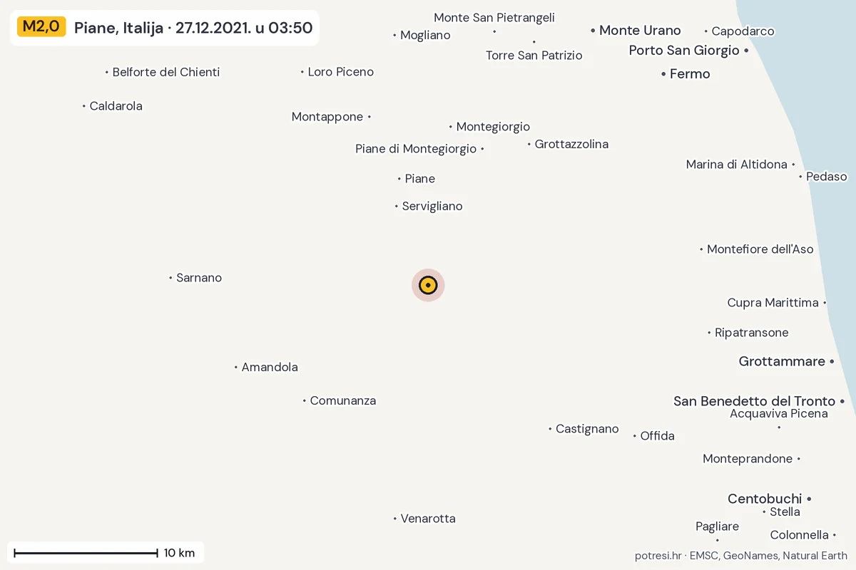Karta: okolica epicentra, 60 km, potres M2,0, Piane, Italija, 27.12.2021.
