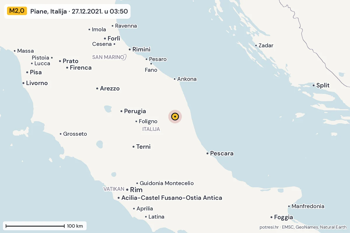Karta: šire područje, 600 km, potres M2,0, Piane, Italija, 27.12.2021.