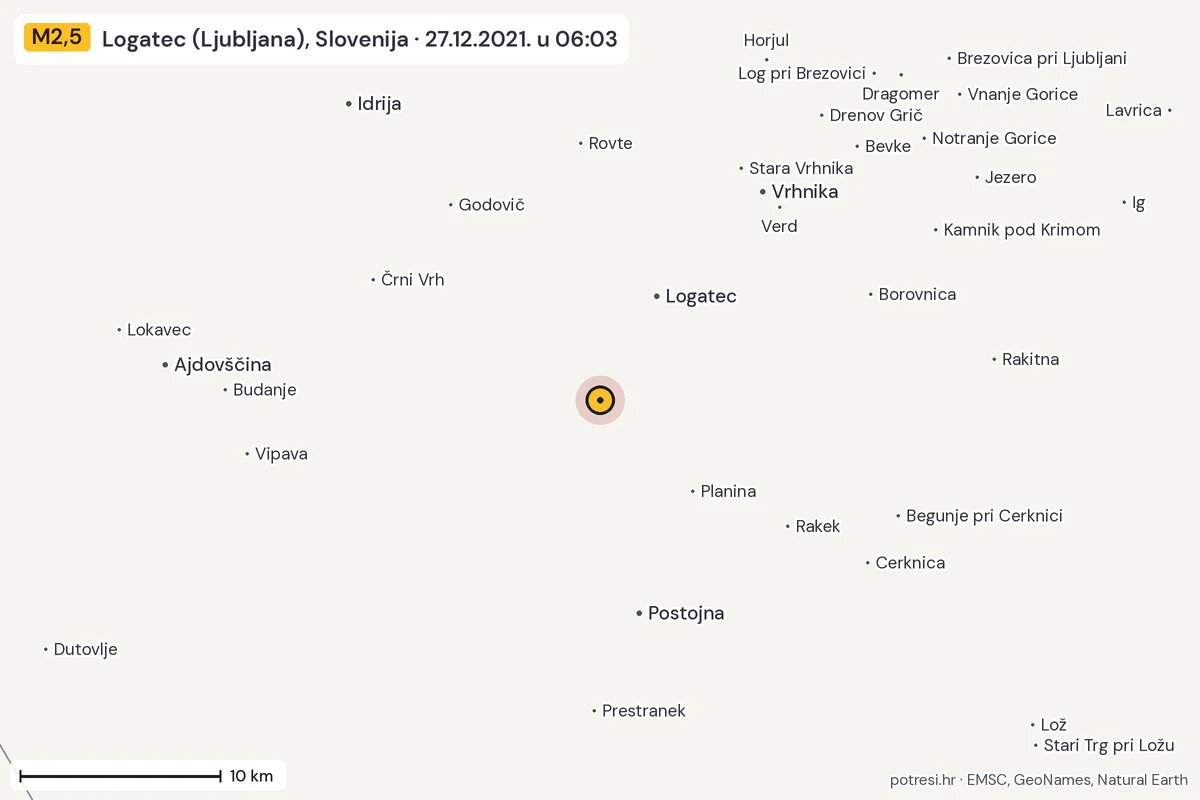 Karta: okolica epicentra, 60 km, potres M2,5, Logatec (Ljubljana), Slovenija, 27.12.2021.
