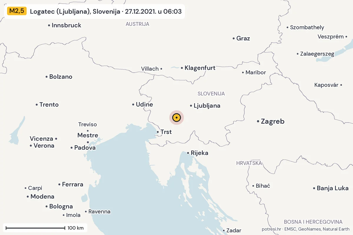 Karta: šire područje, 600 km, potres M2,5, Logatec (Ljubljana), Slovenija, 27.12.2021.