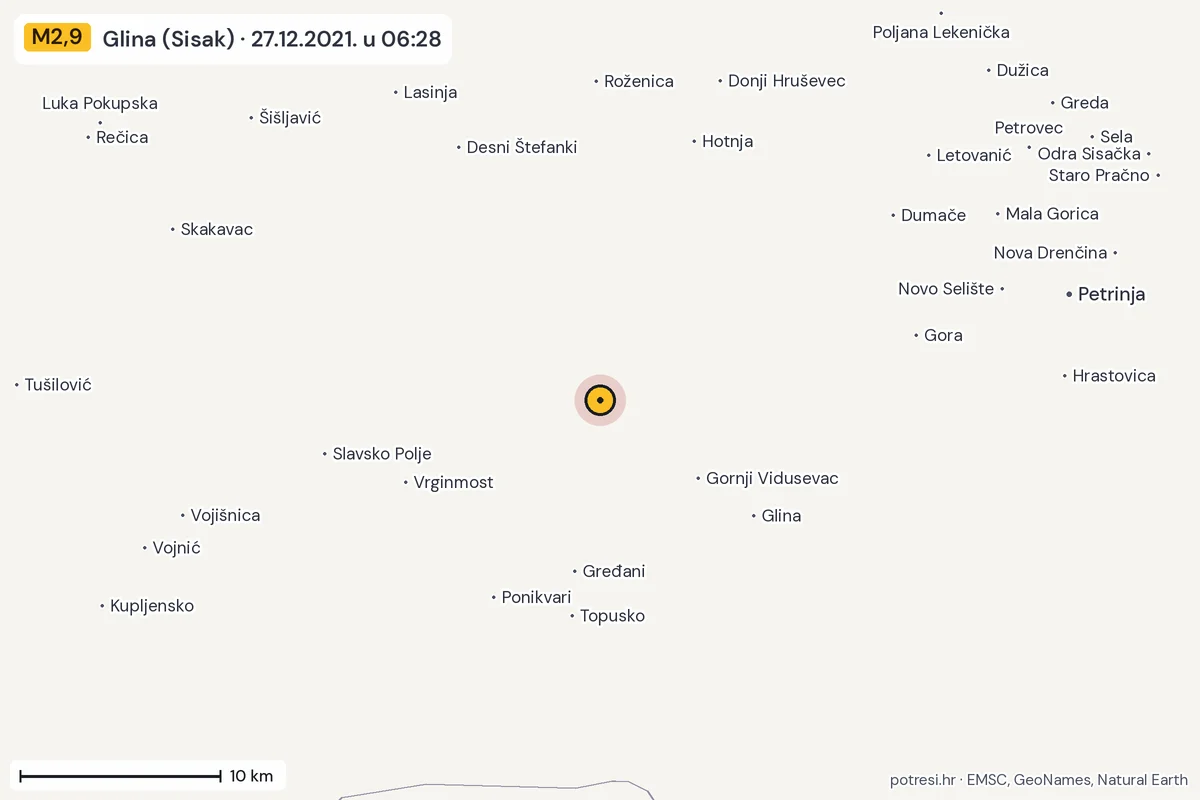 Karta: okolica epicentra, 60 km, potres M2,9, Glina (Sisak), 27.12.2021.