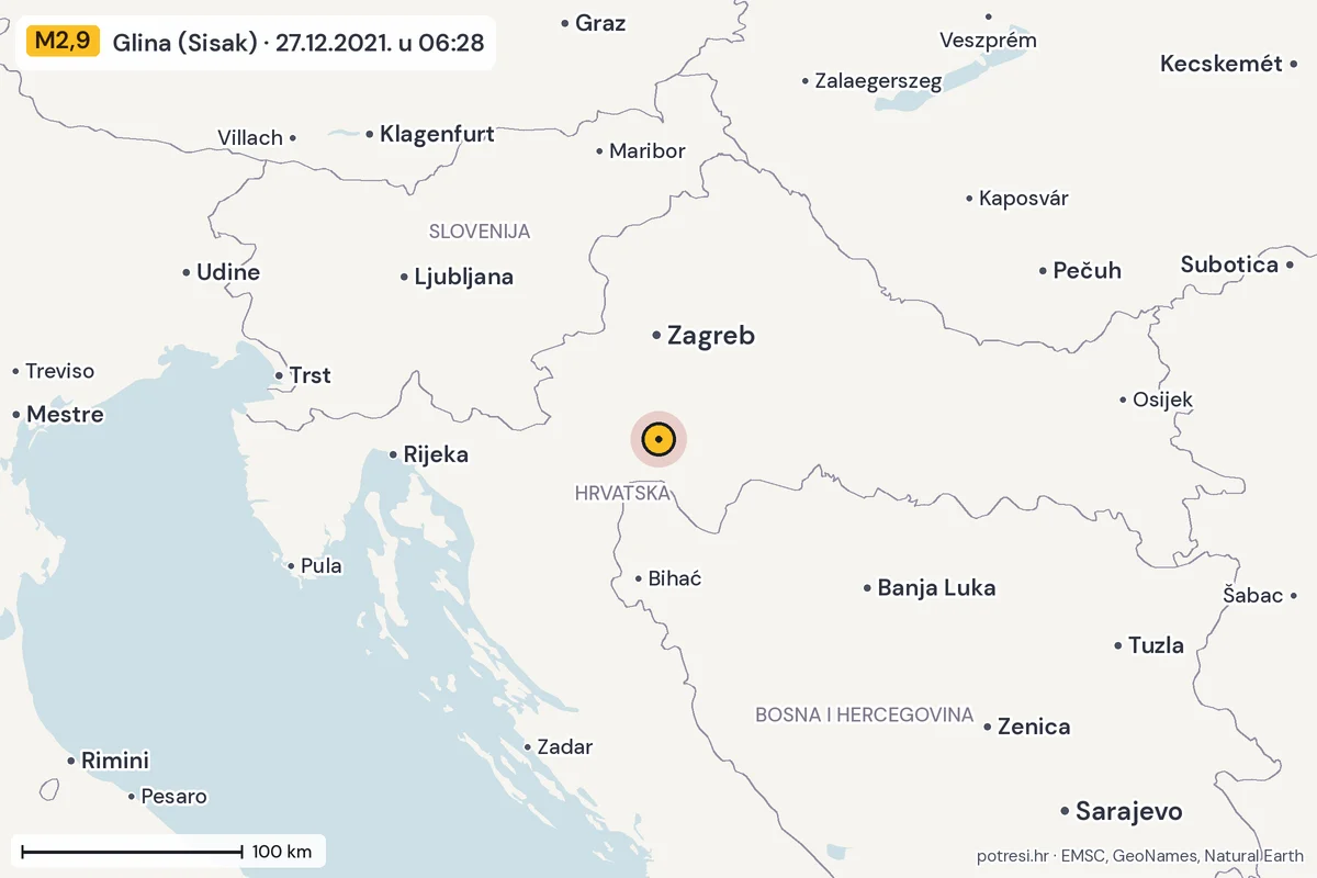 Karta: šire područje, 600 km, potres M2,9, Glina (Sisak), 27.12.2021.