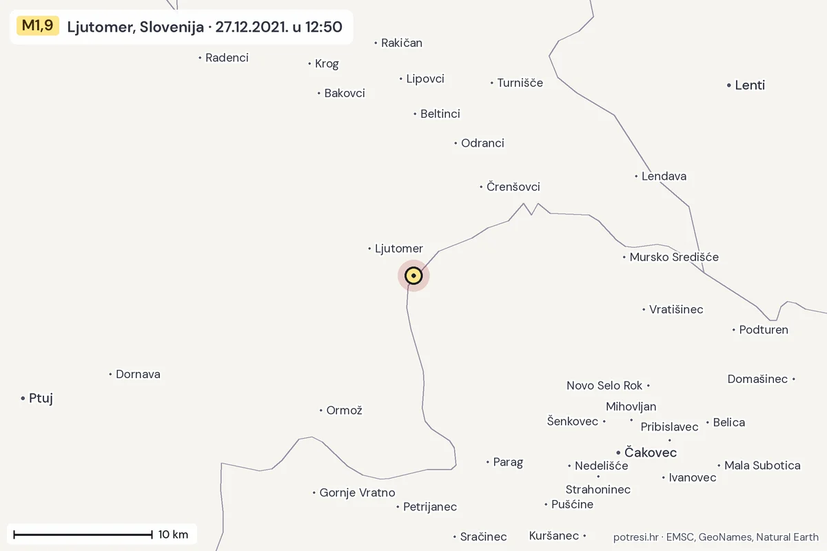 Karta: okolica epicentra, 60 km, potres M1,9, Ljutomer, Slovenija, 27.12.2021.