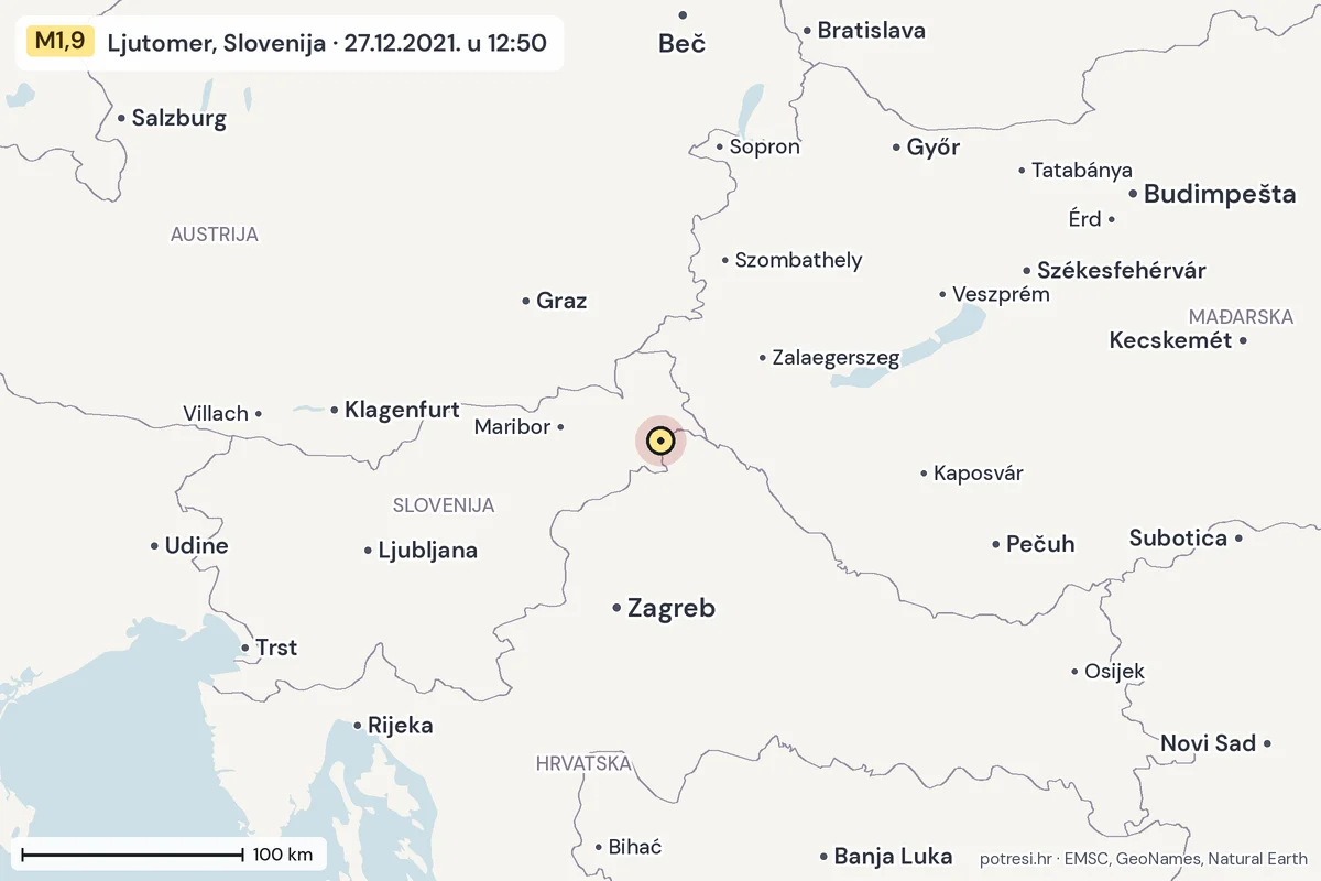 Karta: šire područje, 600 km, potres M1,9, Ljutomer, Slovenija, 27.12.2021.