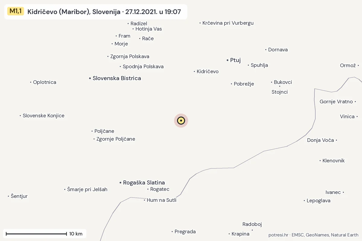Karta: okolica epicentra, 60 km, potres M1,1, Kidričevo (Maribor), Slovenija, 27.12.2021.