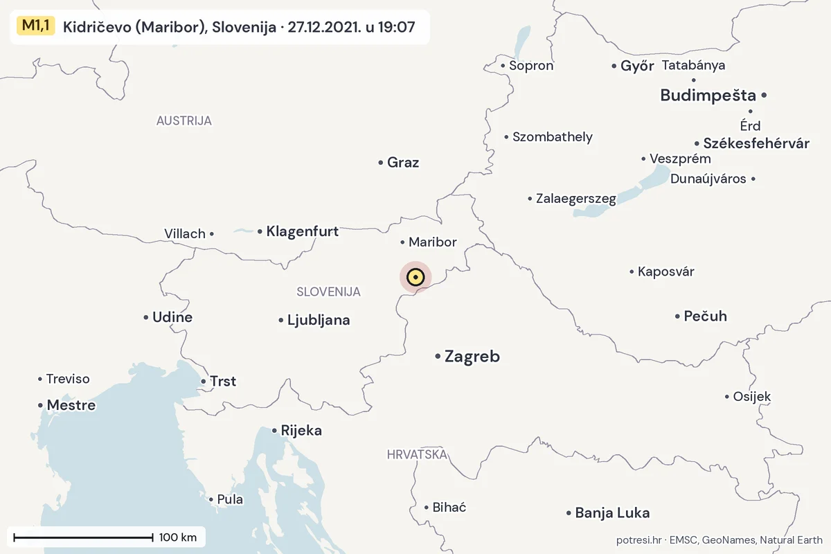 Karta: šire područje, 600 km, potres M1,1, Kidričevo (Maribor), Slovenija, 27.12.2021.