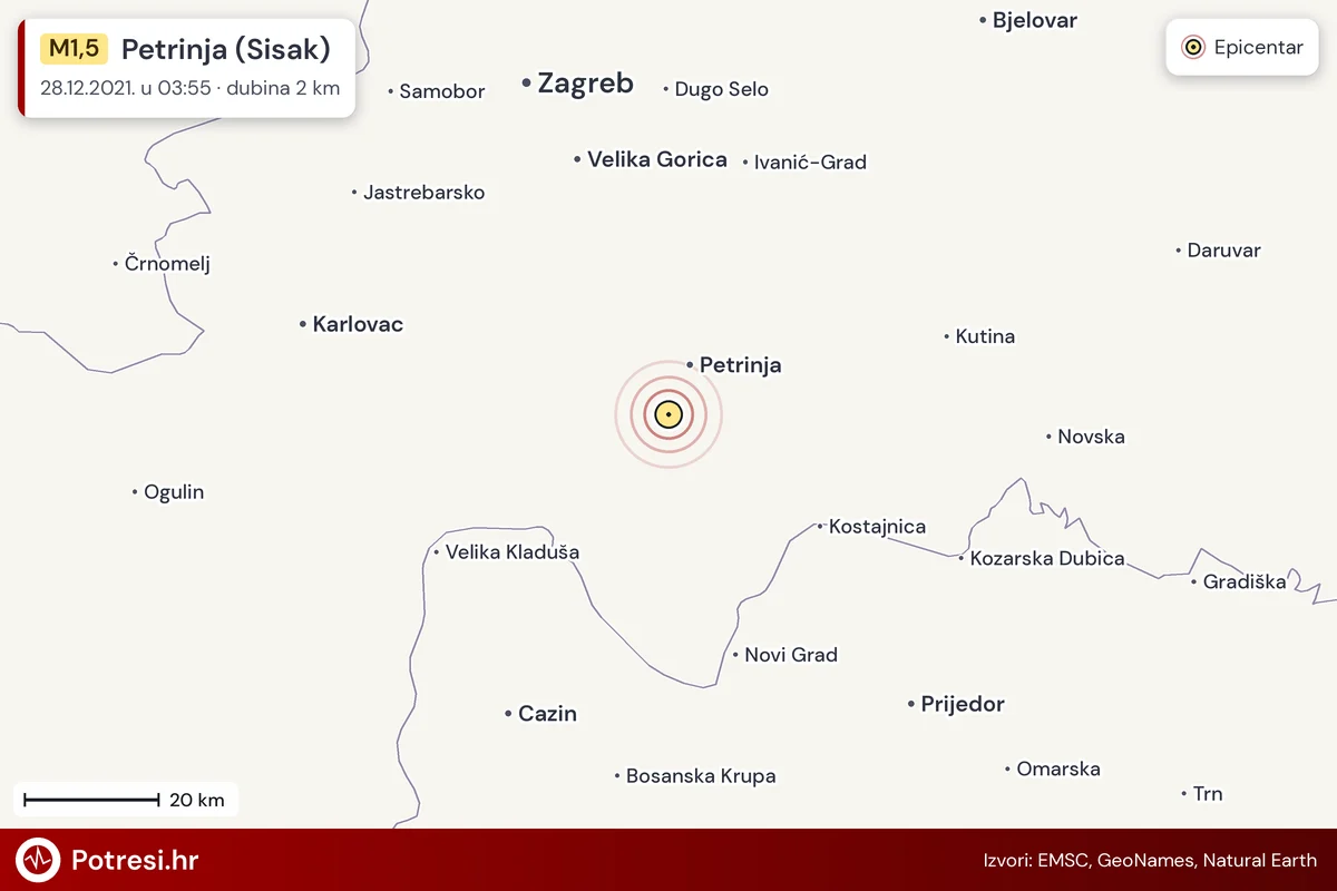 Karta: šire područje i vjerojatni doseg osjeta, potres M1,5, Petrinja (Sisak), 28.12.2021.