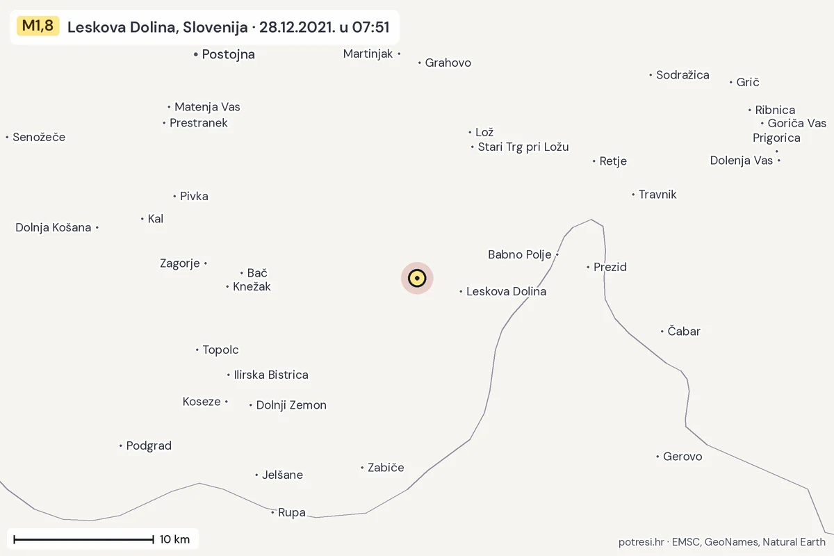 Karta: okolica epicentra, 60 km, potres M1,8, Leskova Dolina, Slovenija, 28.12.2021.