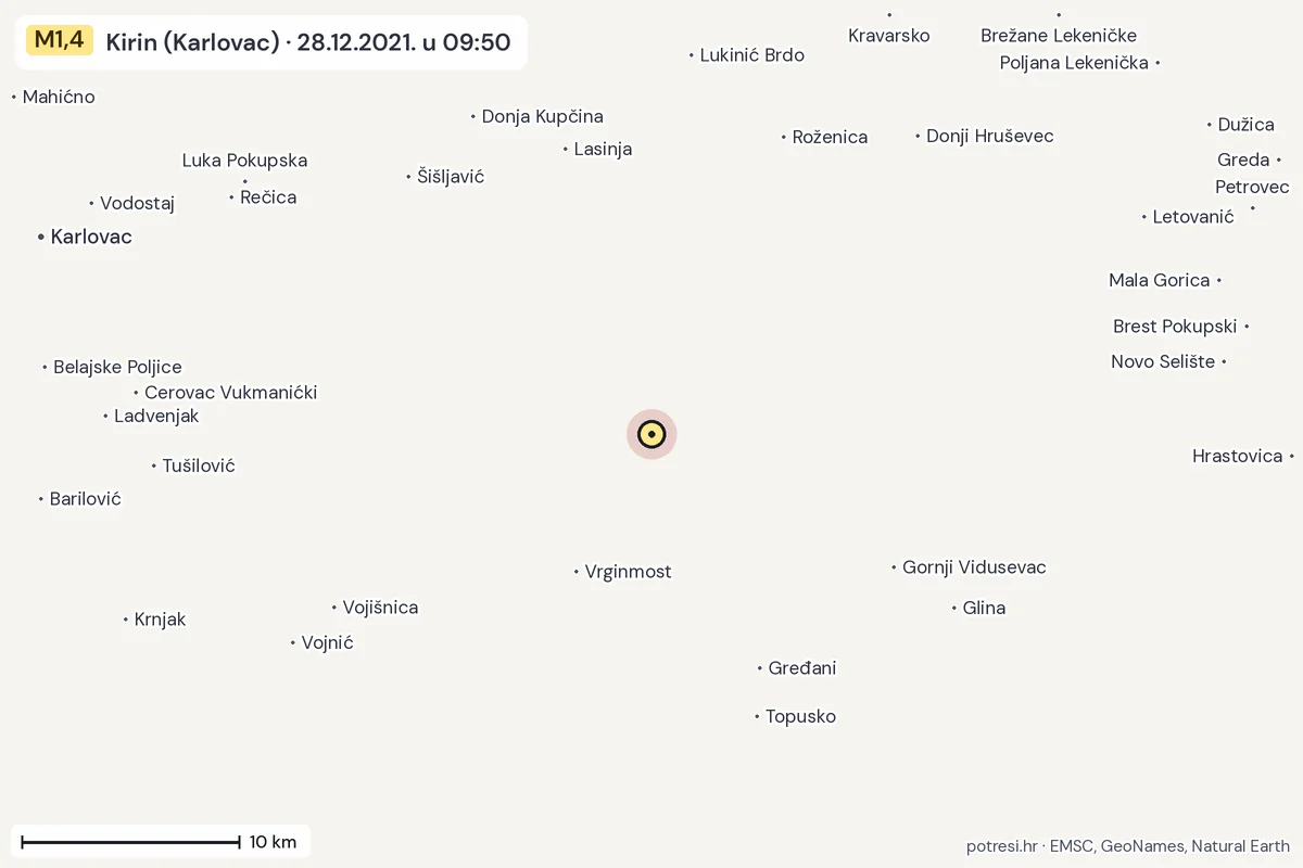 Karta: okolica epicentra, 60 km, potres M1,4, Kirin (Karlovac), 28.12.2021.