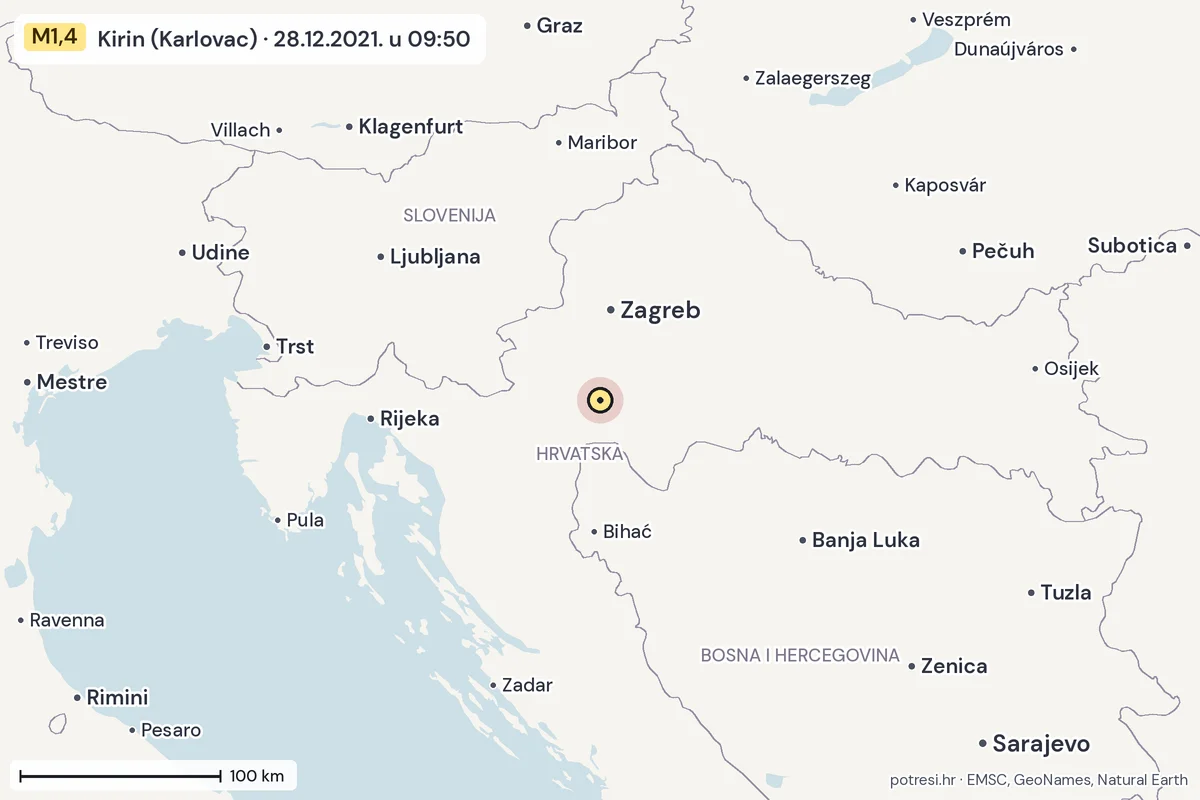 Karta: šire područje, 600 km, potres M1,4, Kirin (Karlovac), 28.12.2021.