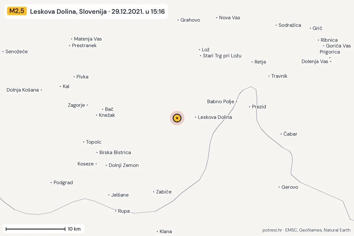 Karta: okolica epicentra, 60 km, potres M2,5, Leskova Dolina, Slovenija, 29.12.2021.