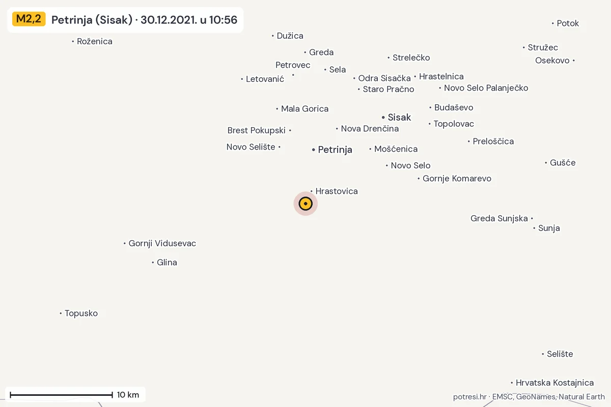 Karta: okolica epicentra, 60 km, potres M2,2, Petrinja (Sisak), 30.12.2021.
