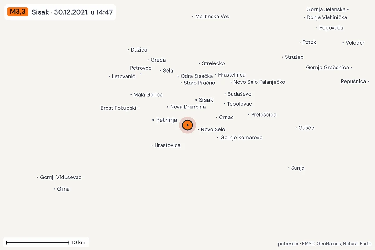 Karta: okolica epicentra, 60 km, potres M3,3, Sisak, 30.12.2021.