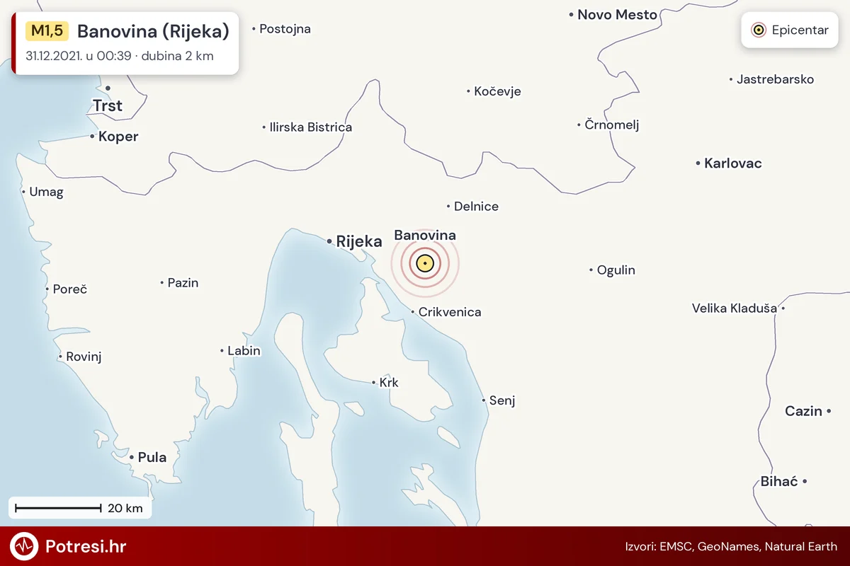 Karta: šire područje i vjerojatni doseg osjeta, potres M1,5, Banovina (Rijeka), 31.12.2021.
