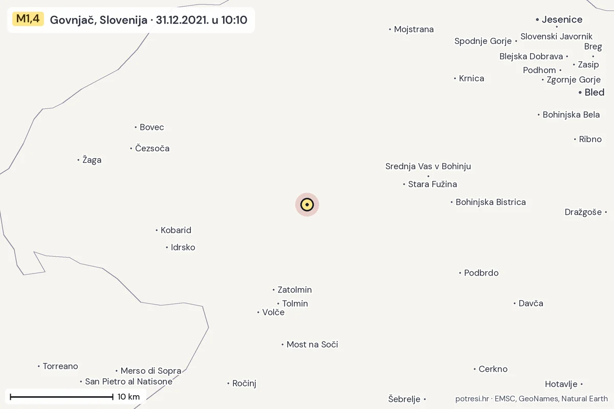 Karta: okolica epicentra, 60 km, potres M1,4, Govnjač, Slovenija, 31.12.2021.